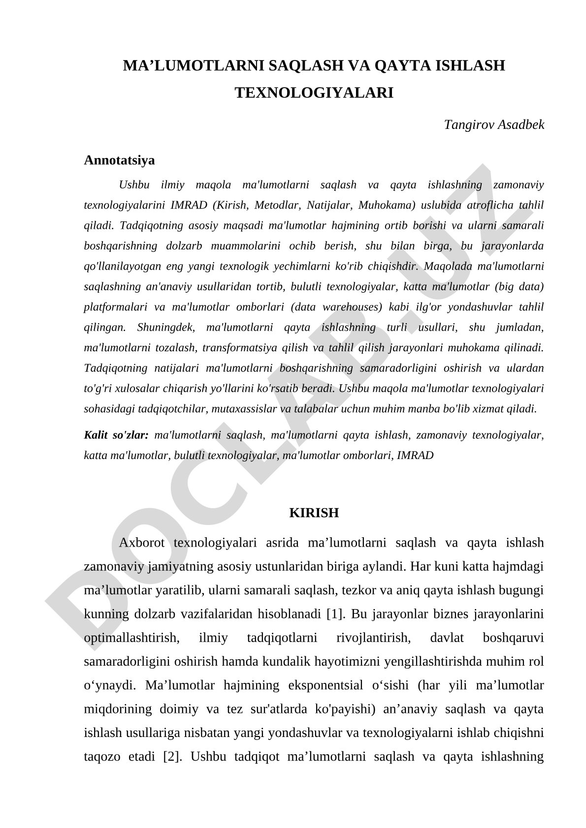Ma'lumotlarni saqlash va qayta ishlash texnologiyalari