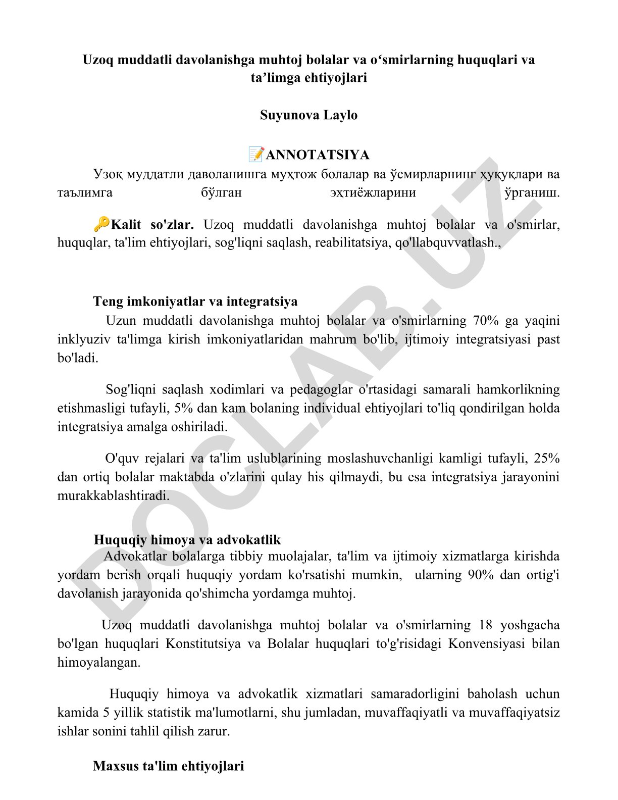 Uzoq muddatli davolanishga muhtoj bolalar va o'smirlarning huquqlari va ta'lim ehtiyojlari
