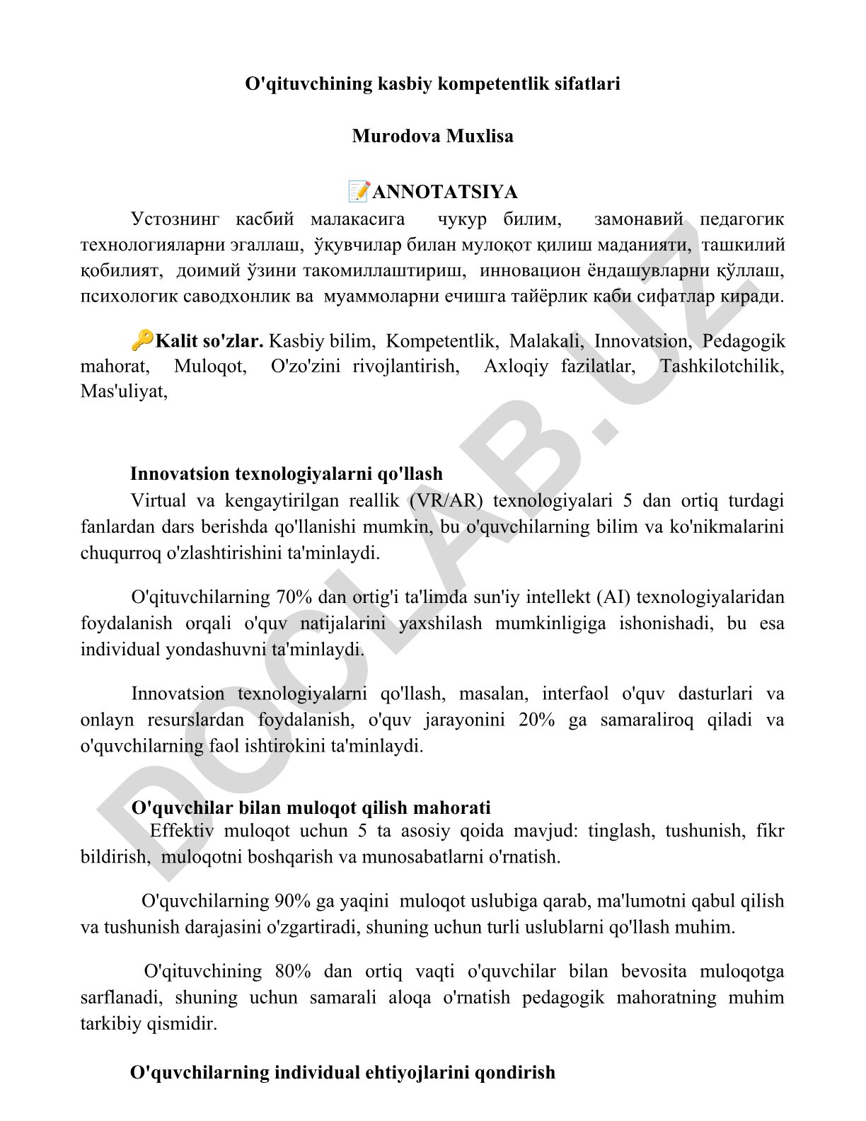 O'qituvchining kasbiy kompetentlik sifatlari va innovatsion texnologiyalarni qo'llash