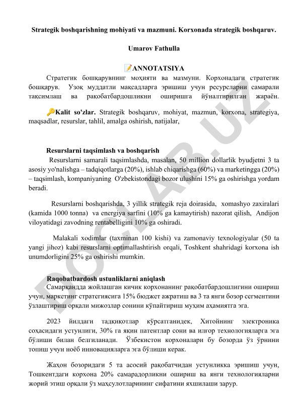 Strategik boshqarishning mohiyati va mazmuni. Korxonada strategik boshqaruv