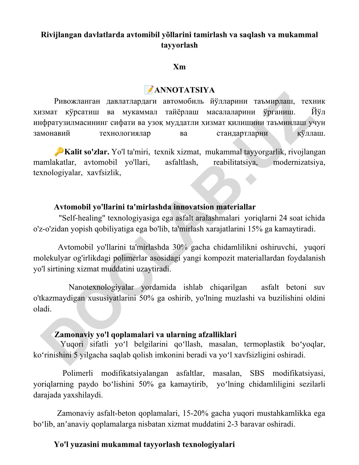 Rivojlangan davlatlarda avtomobil yo'llarini ta'mirlash va saqlash
