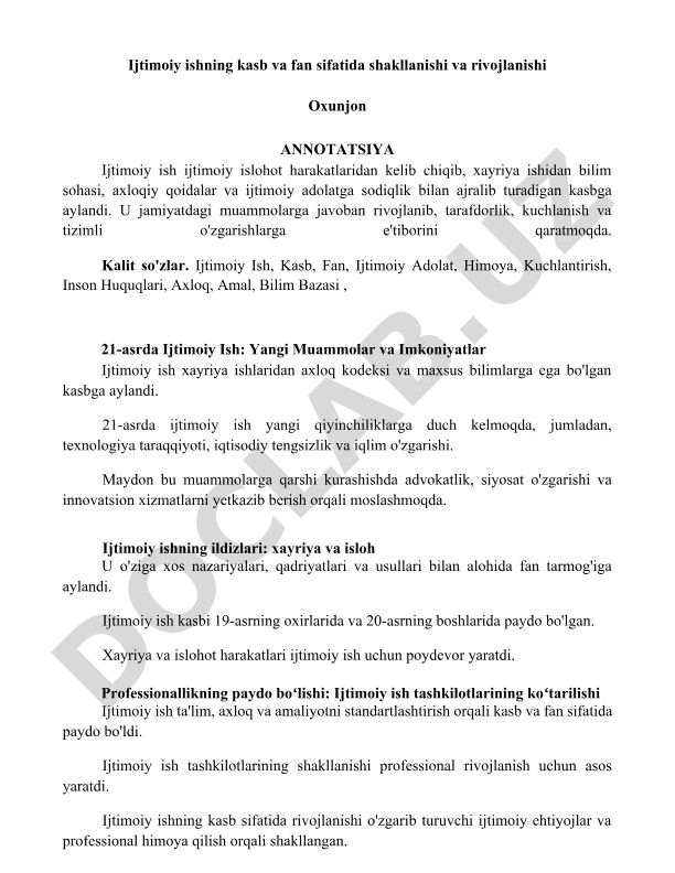 Ijtimoiy ishning kasb va fan sifatida shakllanishi va rivojlanishi