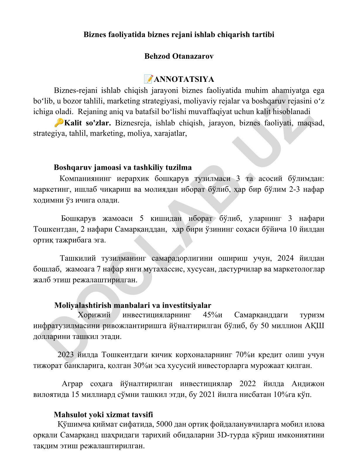 Biznes rejani ishlab chiqish jarayoni va tashkiliy tuzilma