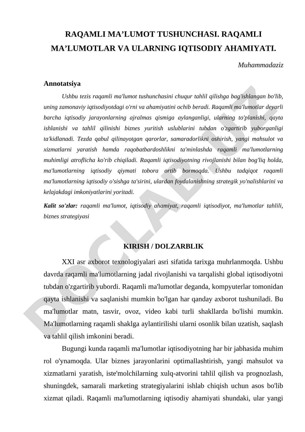 Raqamli ma'lumot tushunchasi va uning iqtisodiy ahamiyati