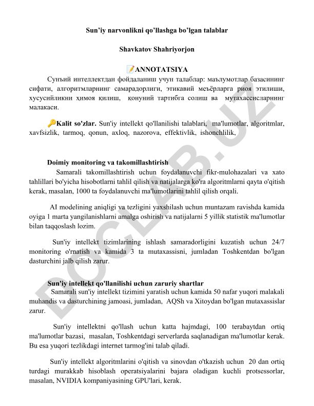 Sun'iy intellekt qo'llanilishi talablari va monitoring