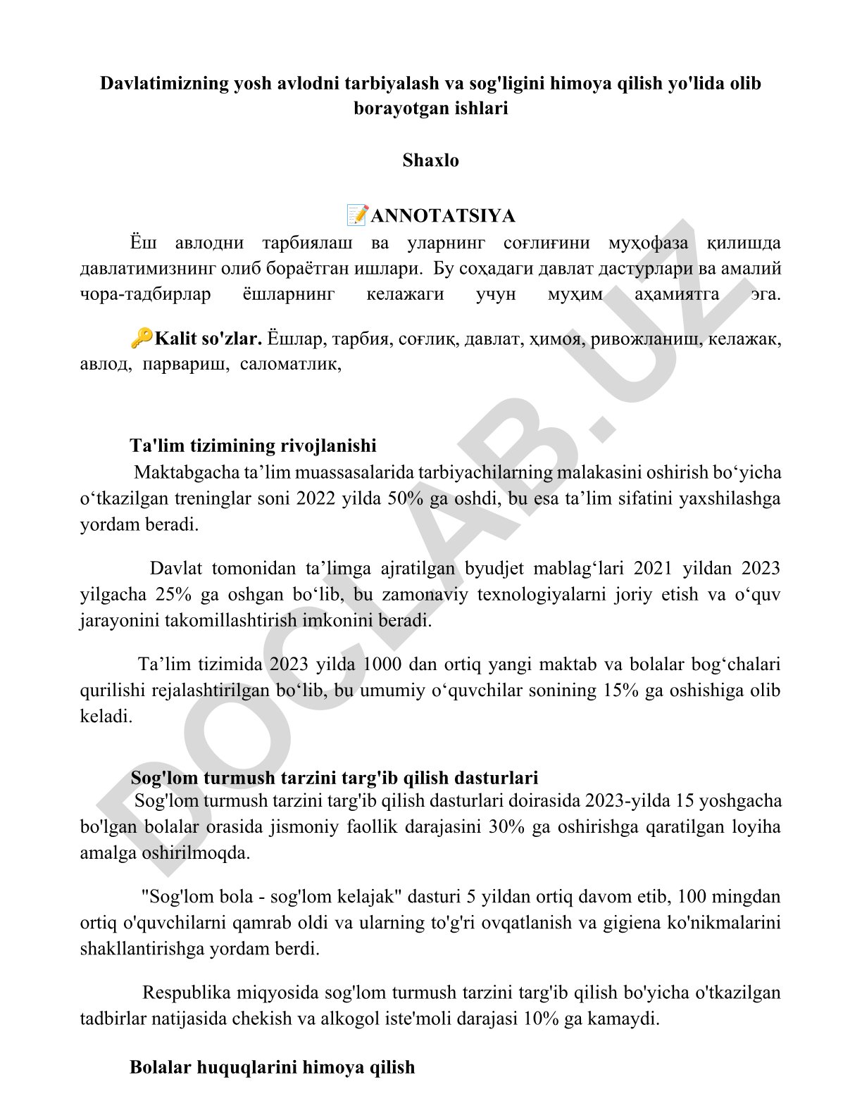 Yosh avlodni tarbiyalash va sog'ligini himoya qilish