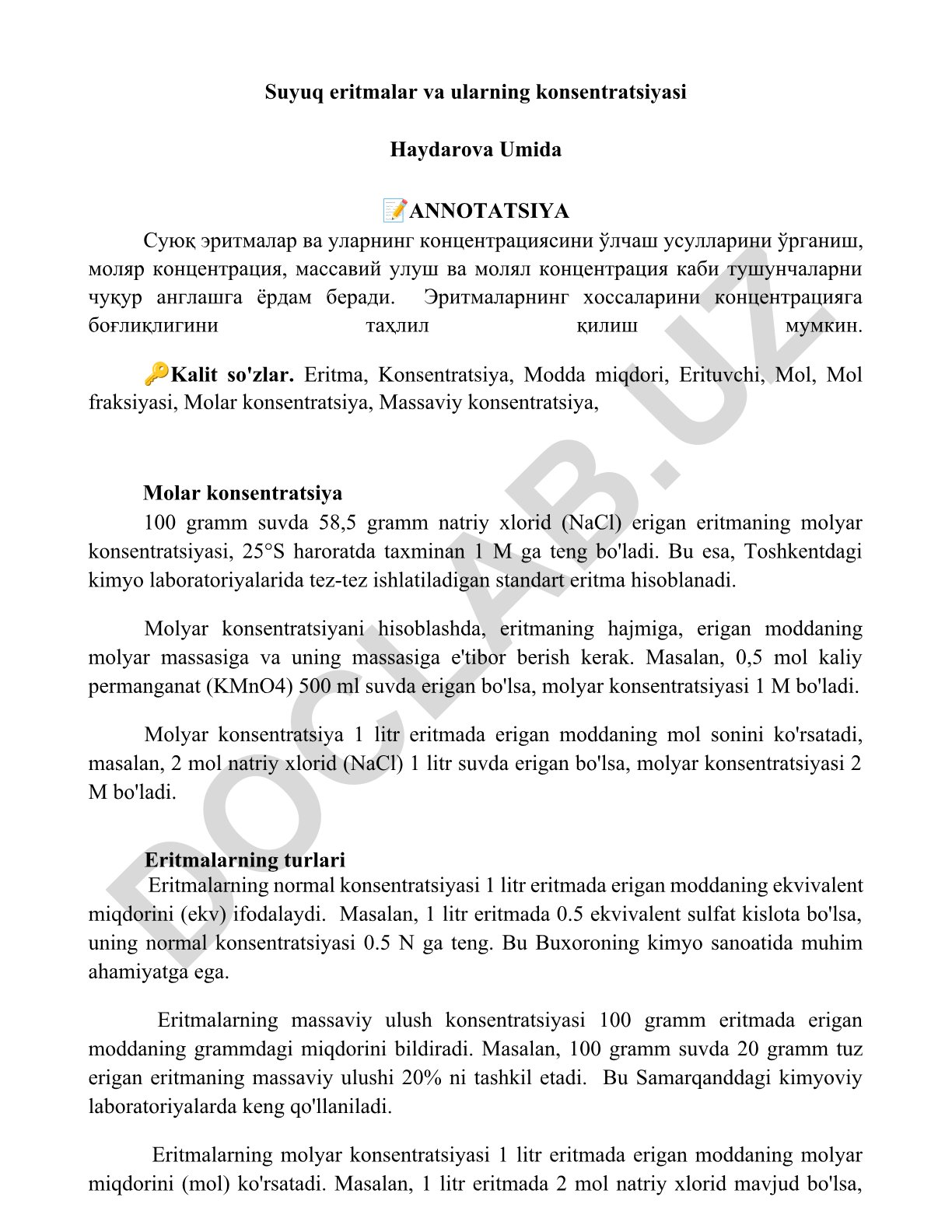 Suyuq eritmalar va ularning konsentratsiyasi