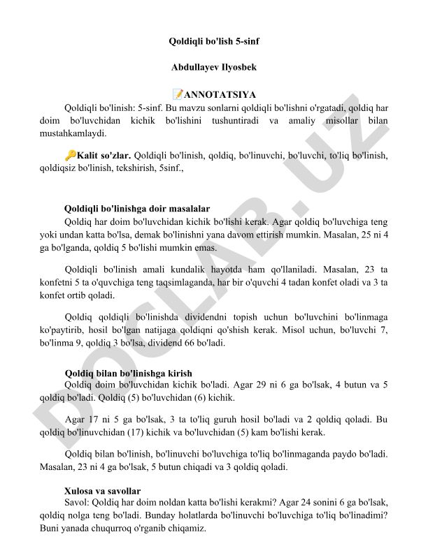 Qoldiqli bo'linish: 5-sinf