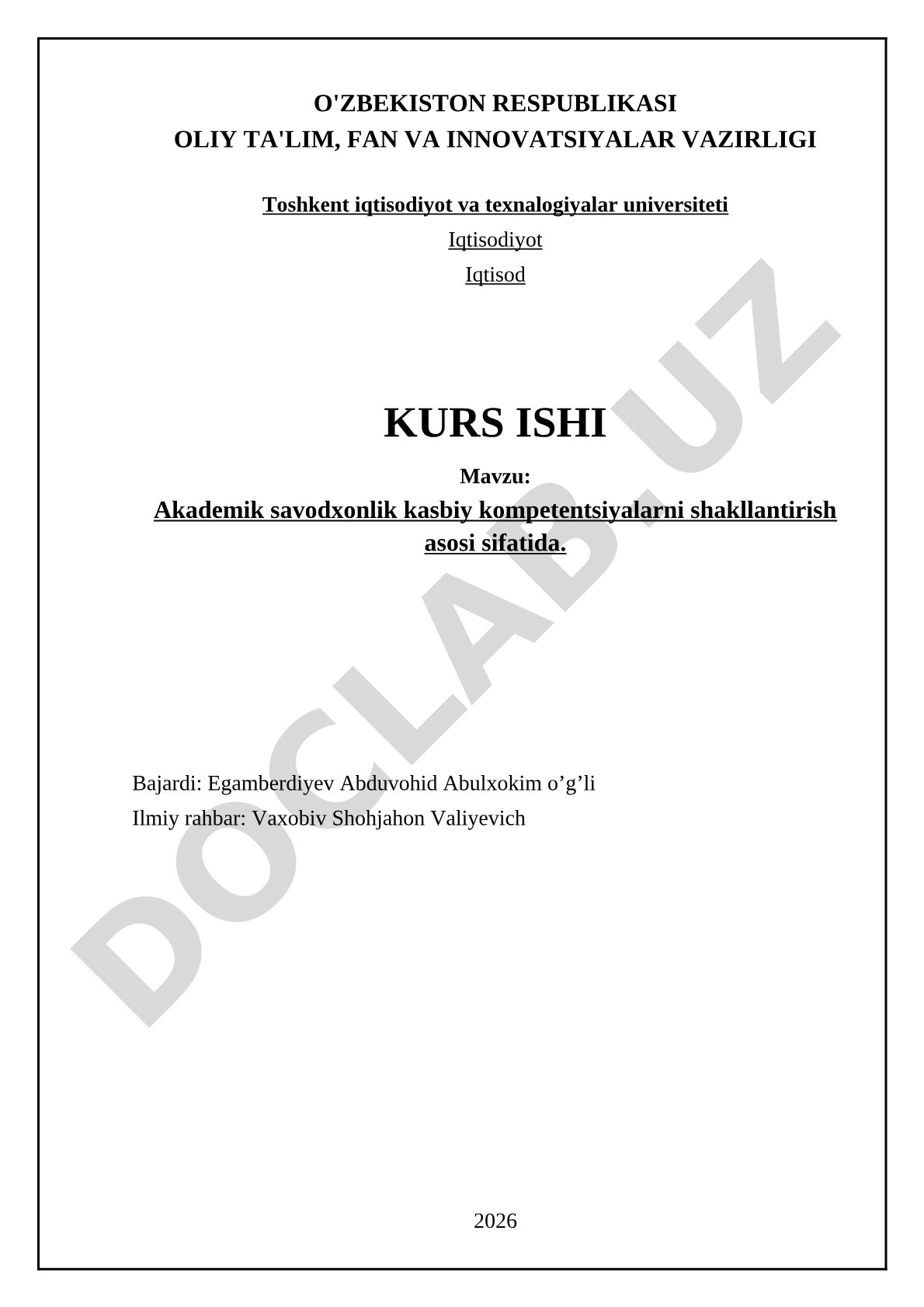 Akademik savodxonlik kasbiy kompetentsiyalarni shakllantirish asosi sifatida
