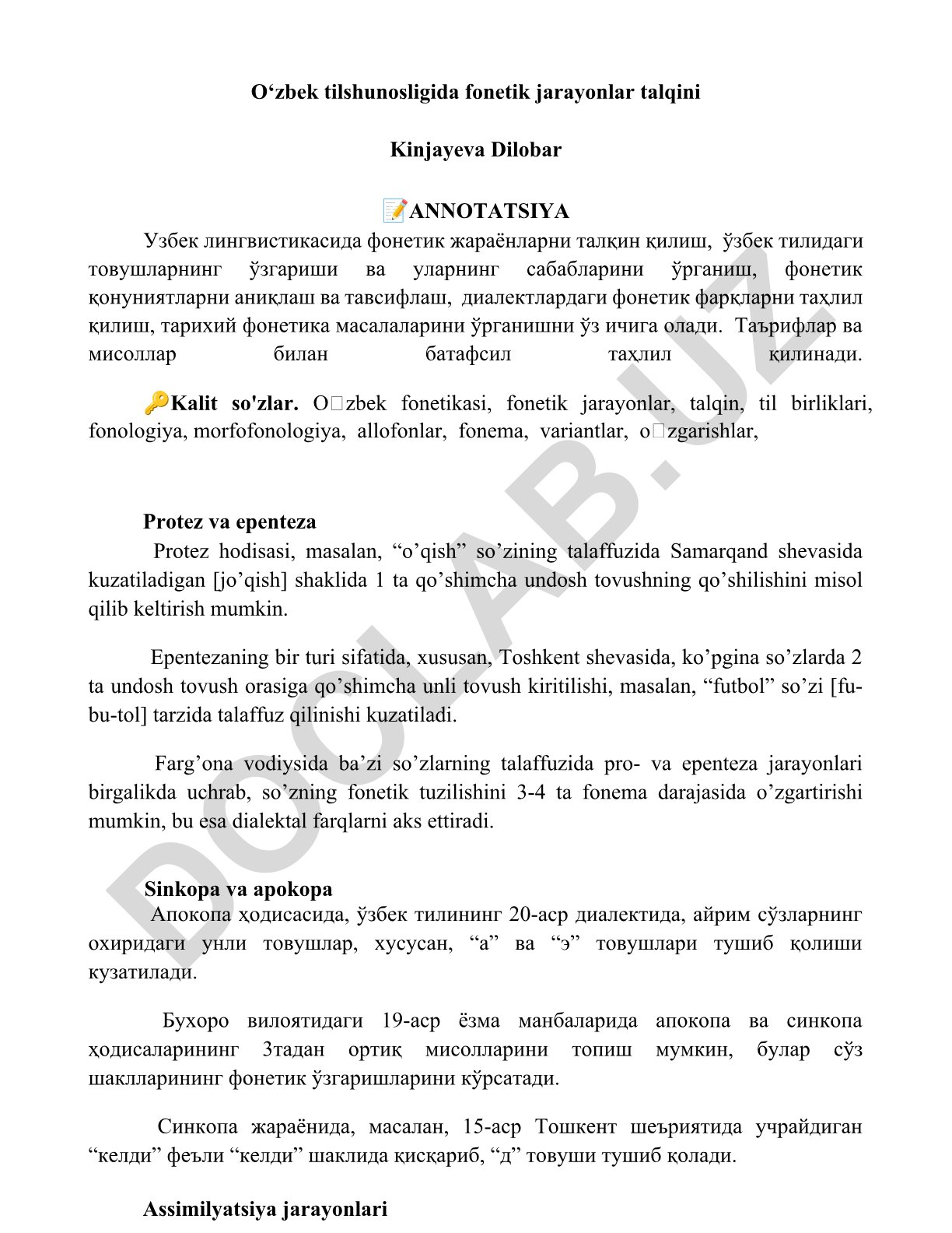 O‘zbek tilshunosligida fonetik jarayonlar talqini