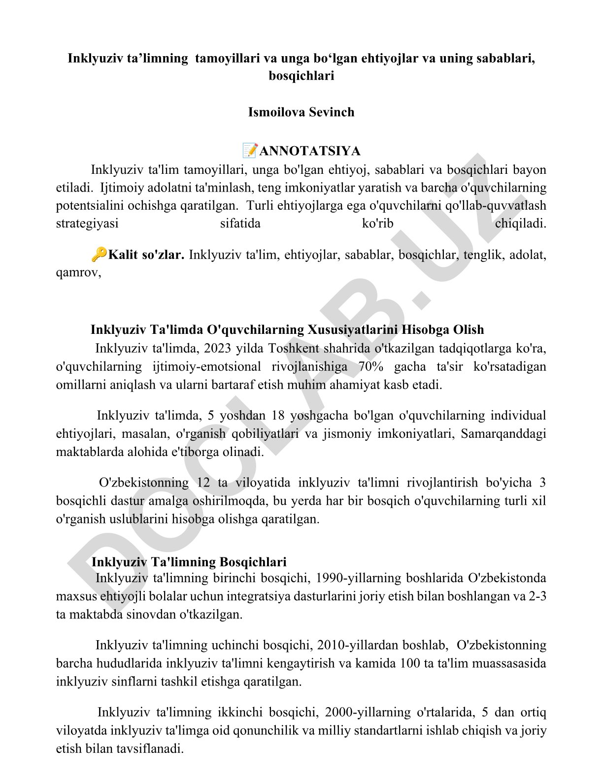 Inklyuziv ta'limning tamoyillari, ehtiyojlari, sabablari va bosqichlari