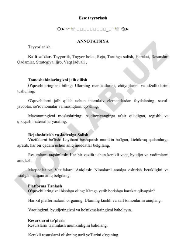 Esse tayyorlash va taqdimotni rejalashtirish