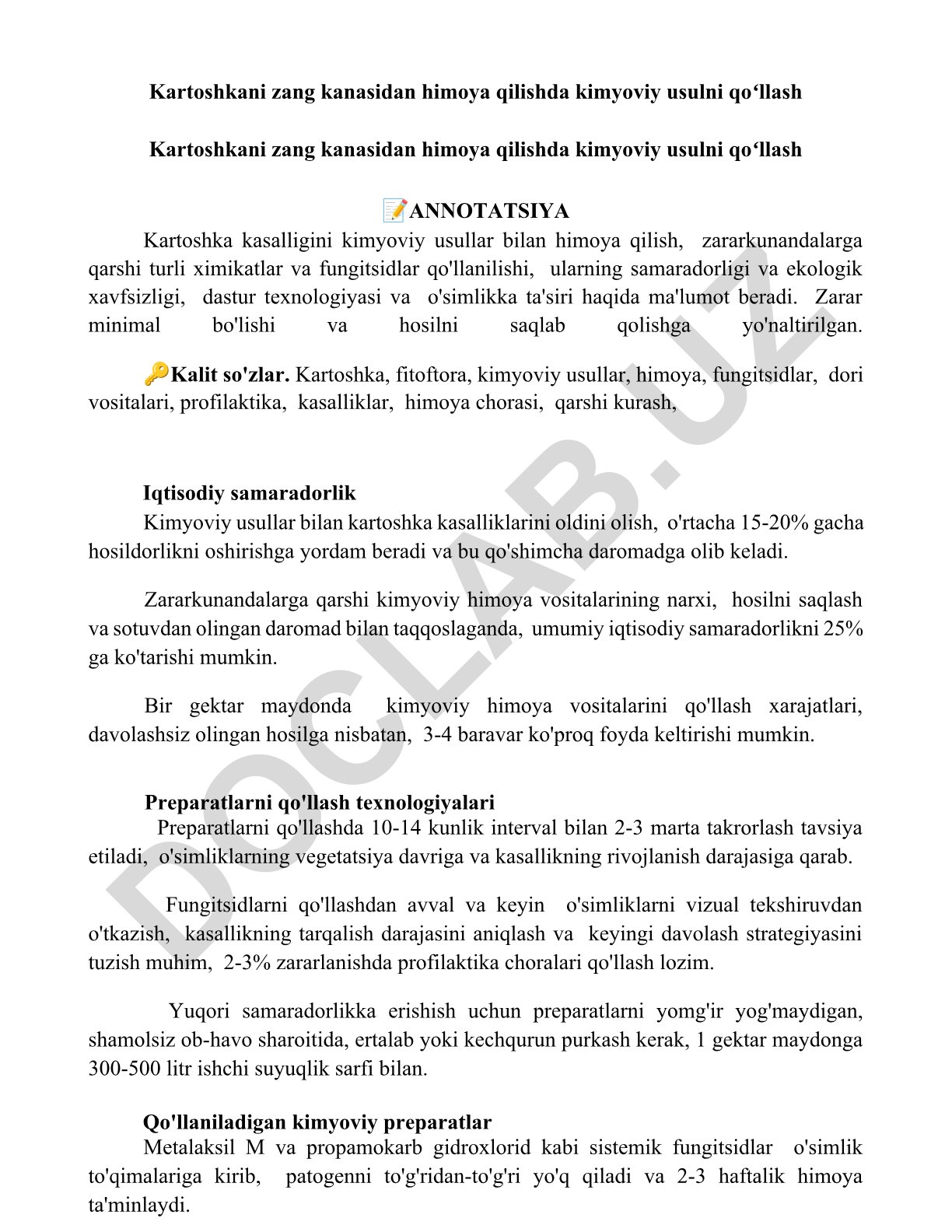 Kartoshkani zang kanasidan himoya qilishda kimyoviy usulni qoʻllash
