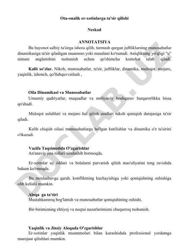 Ota-onalik er-xotinlar munosabatlariga ta'siri