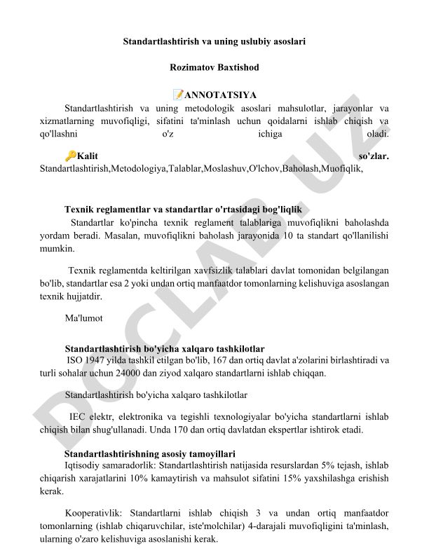 Standartlashtirish va uning metodologik asoslari