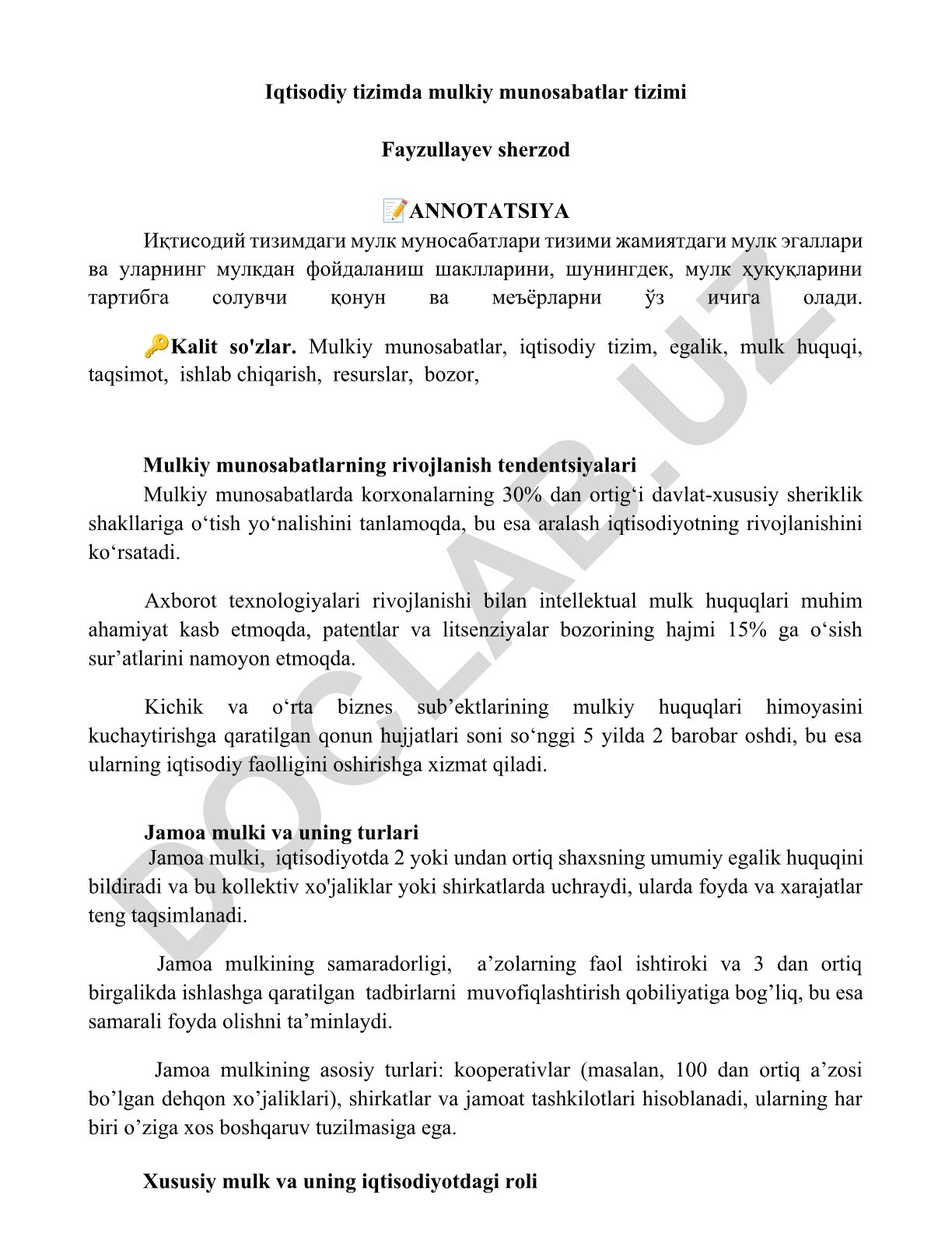 Iqtisodiy tizimda mulkiy munosabatlar tizimi