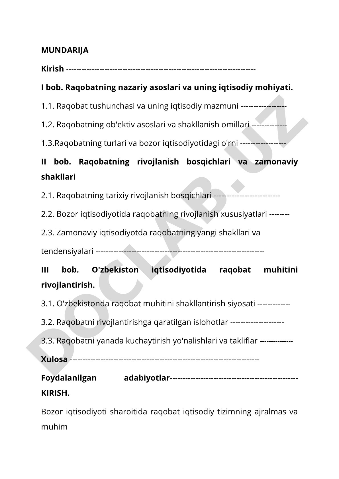 Raqobatning nazariy asoslari va O'zbekiston iqtisodiyotida raqobat muhitini rivojlantirish