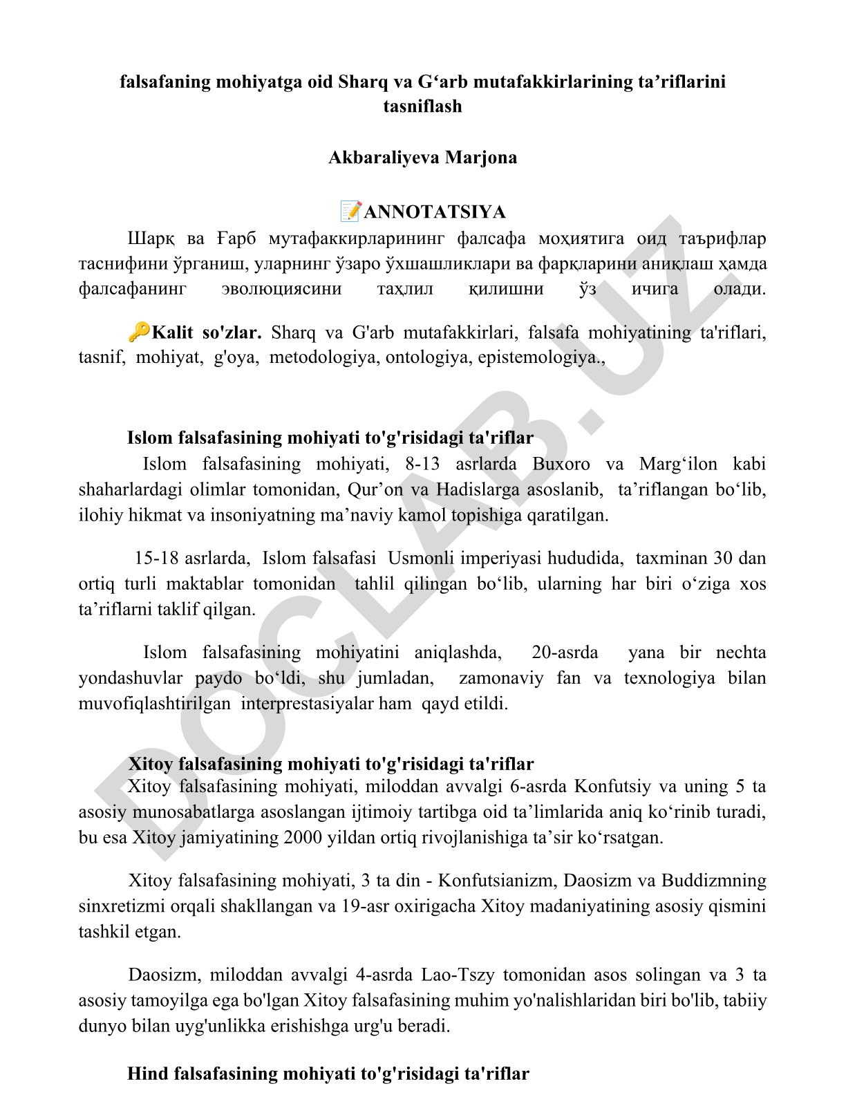 Sharq va G'arb mutafakkirlarining falsafa mohiyatiga oid ta'riflarini tasniflash
