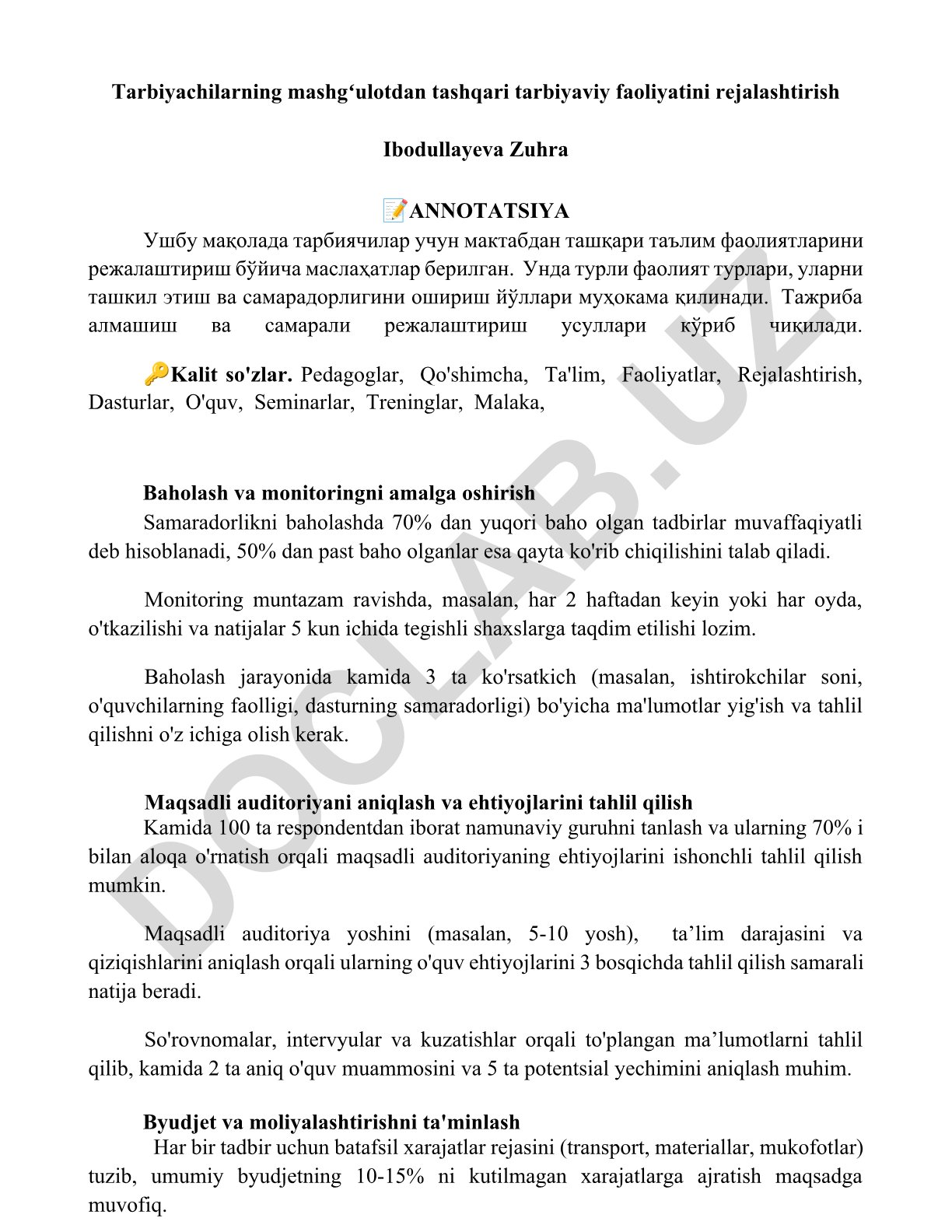 Tarbiyachilarning mashgʻulotdan tashqari tarbiyaviy faoliyatini rejalashtirish