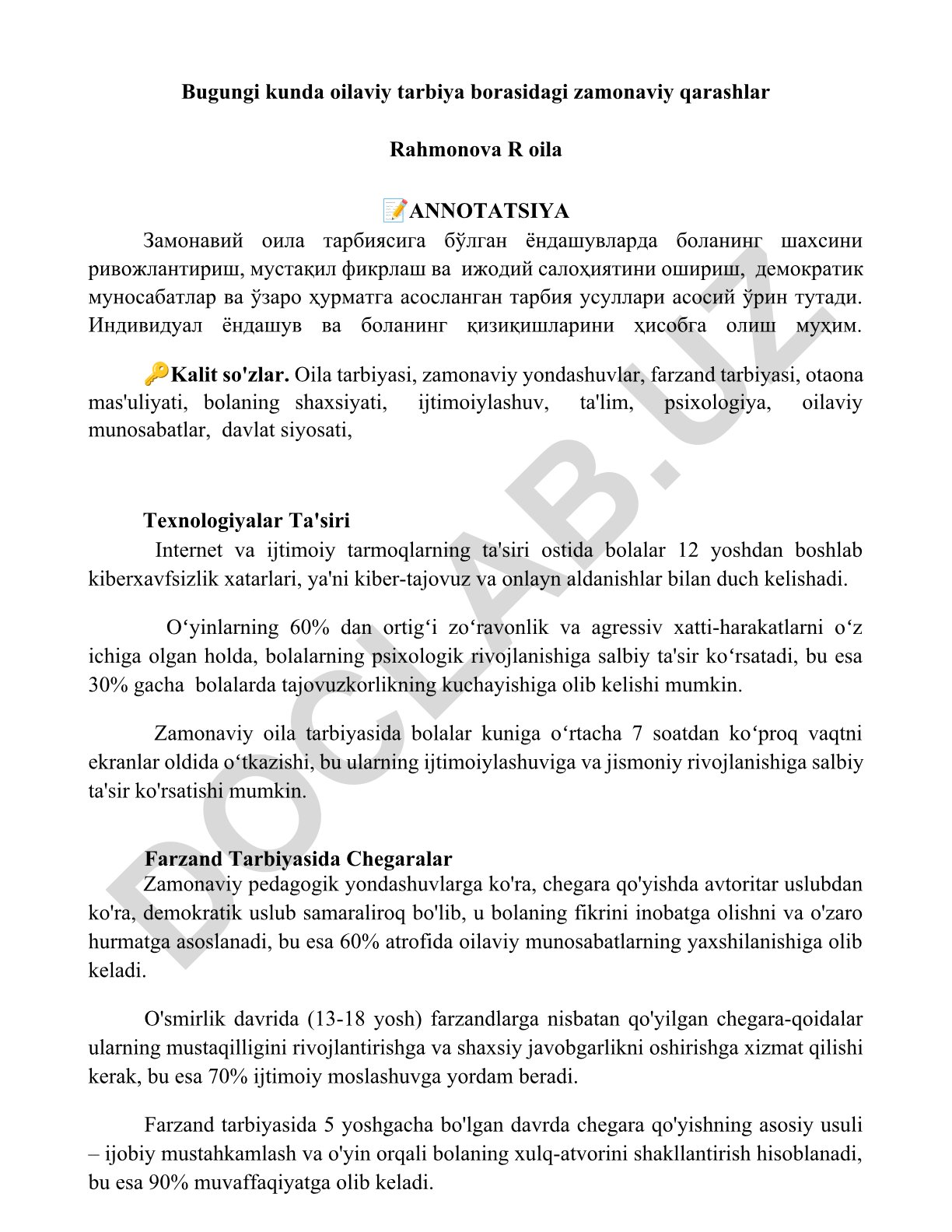 Zamonaviy oila tarbiyasida bolalarning shaxsiy rivojlanishi va texnologiyalar ta'siri