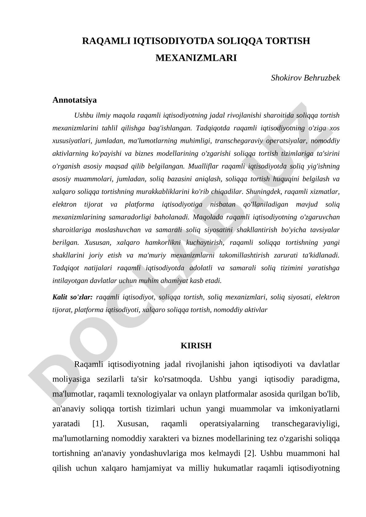 Raqamli iqtisodiyotda soliqqa tortish mexanizmlari