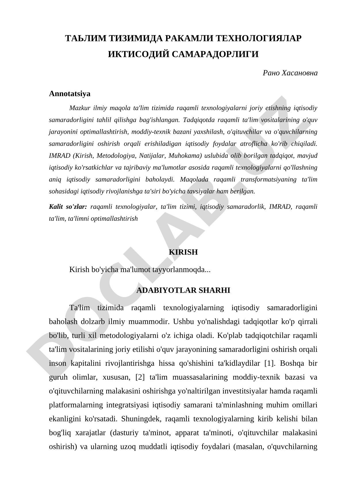 Ta'lim tizimida raqamli texnologiyalar iqtisodiy samaradorligi