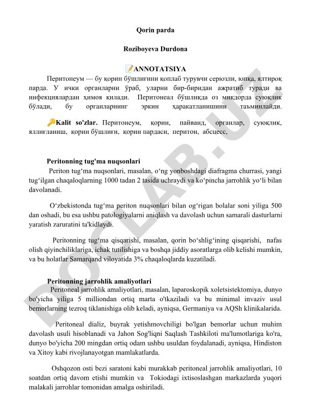 Peritonning tug'ma nuqsonlari va jarrohlik amaliyotlari