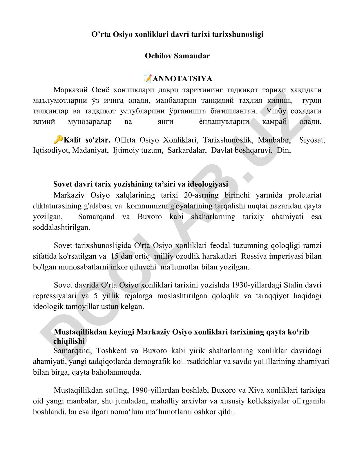 O’rta Osiyo xonliklari davri tarixi tarixshunosligi
