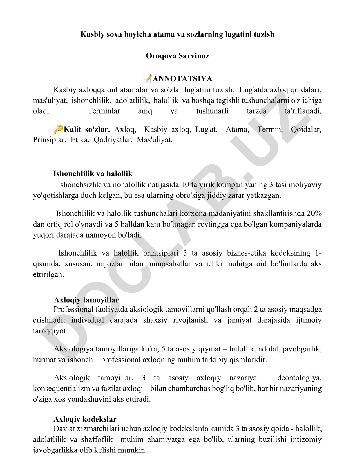 Kasbiy axloqqa oid atamalar va so'zlar lug'ati