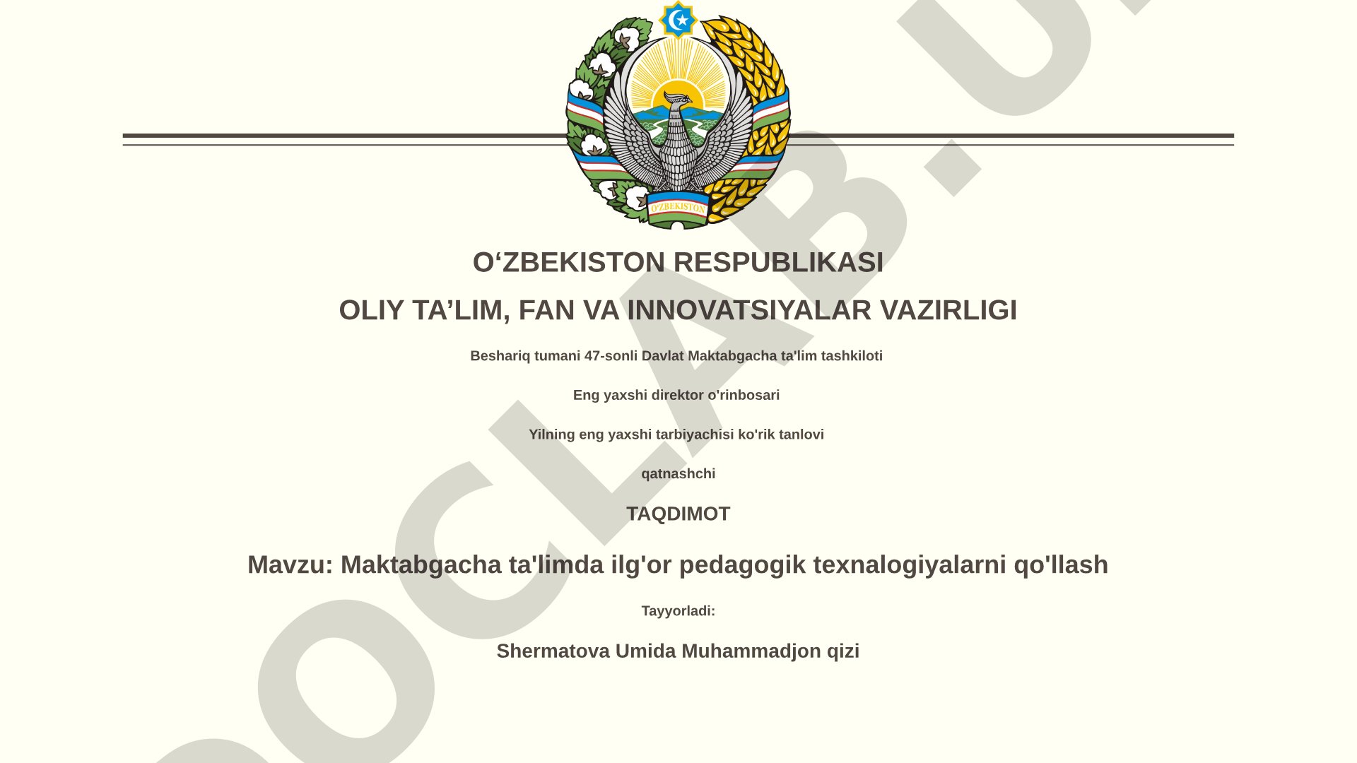 Maktabgacha ta'limda ilg'or pedagogik texnologiyalarni qo'llash