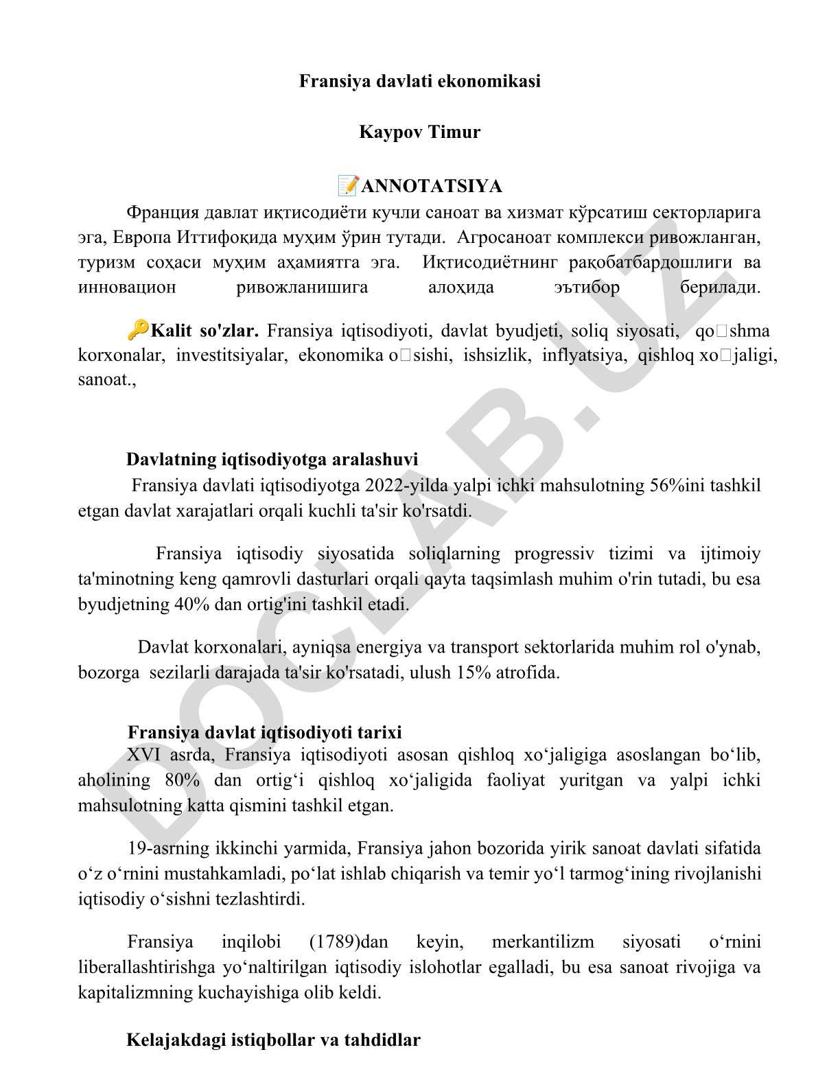 Fransiya davlati iqtisodiyoti va davlatning iqtisodiyotga aralashuvi