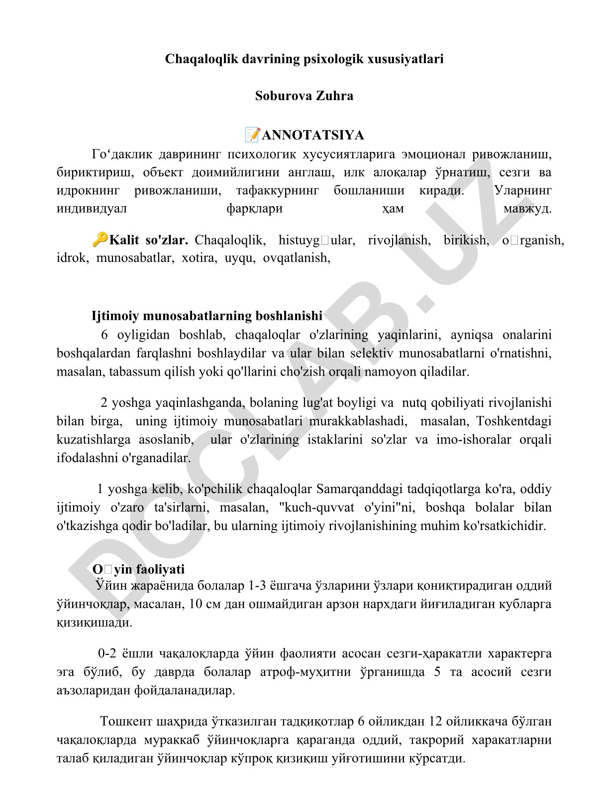 Chaqaloqlik davrining psixologik xususiyatlari