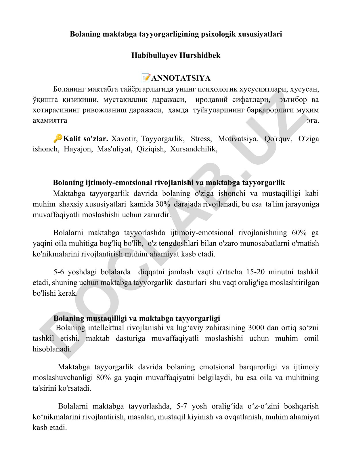 Bolaning maktabga tayyorgarligining psixologik xususiyatlari