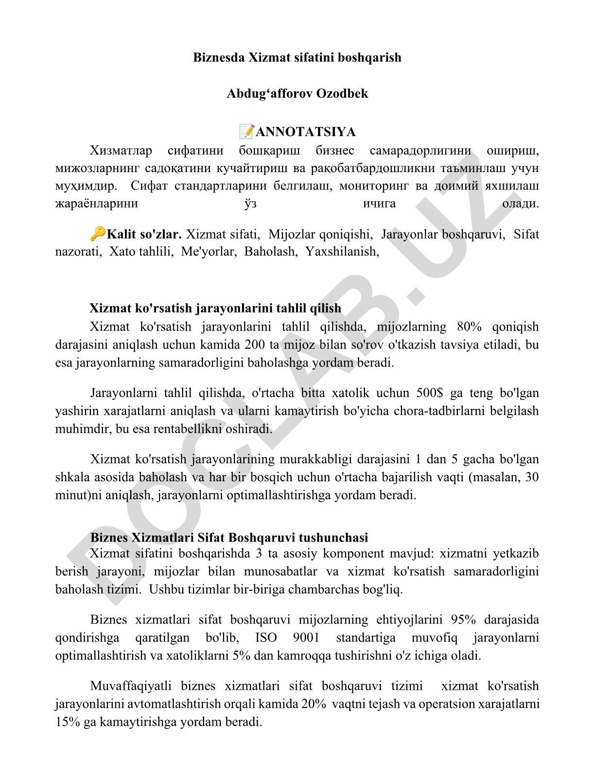 Biznesda Xizmat sifatini boshqarish
