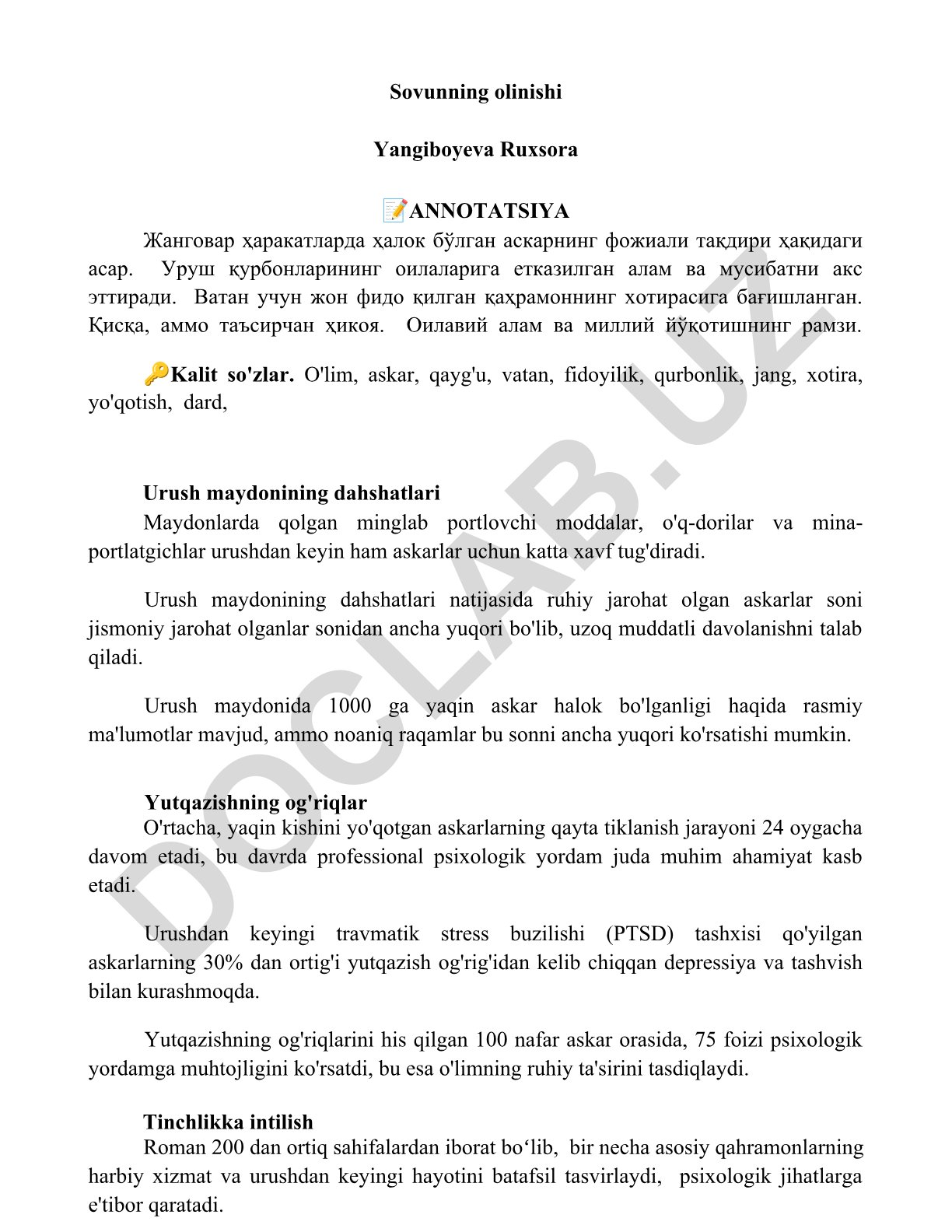 Jangovar harakatlarda halok bo'lgan askarning fojiali taqdiri