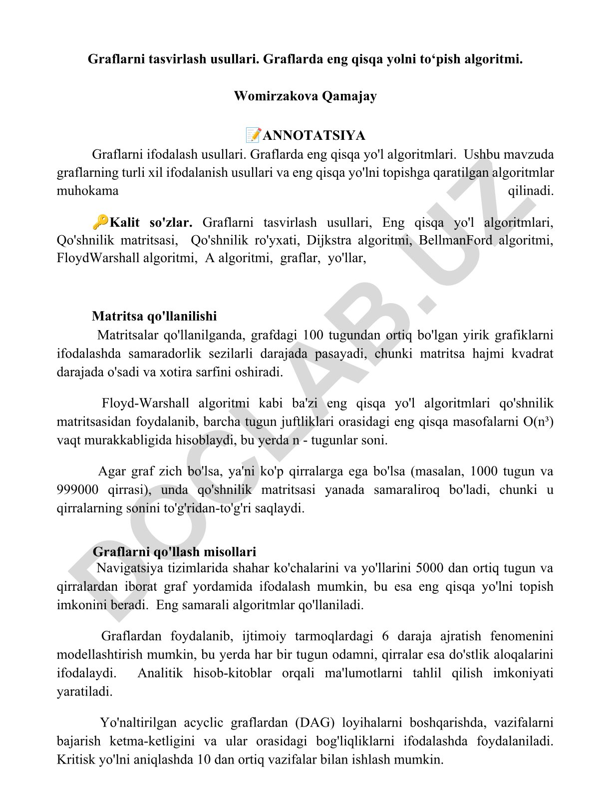 Graflarni tasvirlash usullari va eng qisqa yo'l algoritmlari