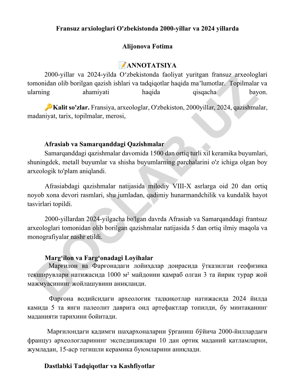 Fransuz arxeologlarining O'zbekistondagi qazishmalari va tadqiqotlari