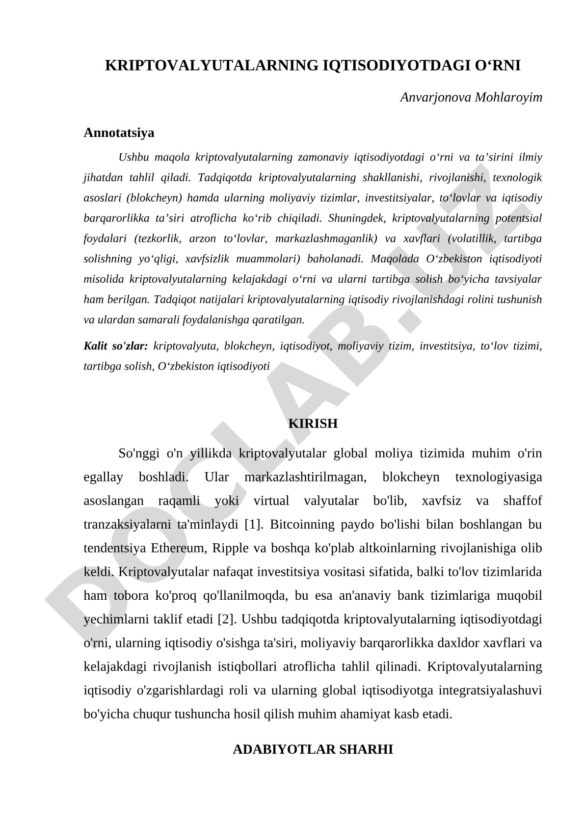 Kriptovalyutalarning iqtisodiyotdagi o'rni