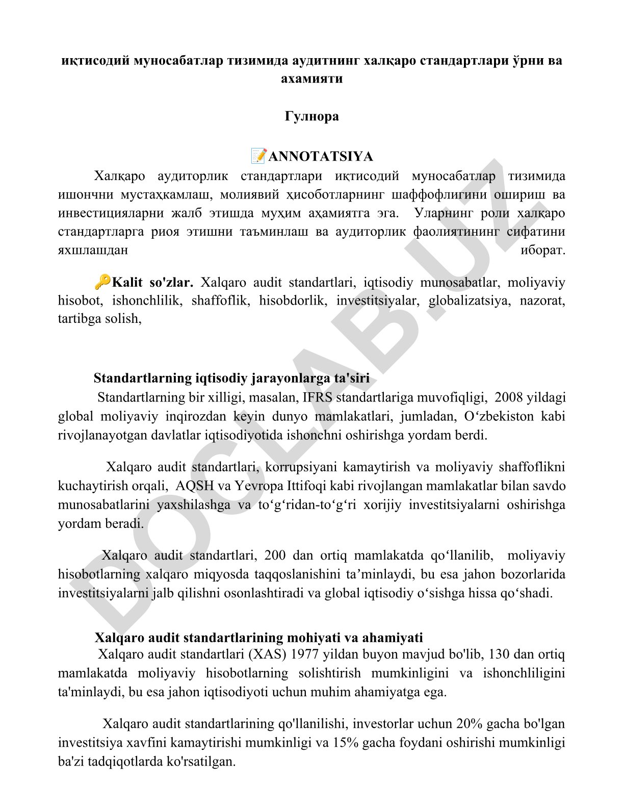 Iqtisodiy munosabatlar tizimida auditning xalqaro standartlari o‘rni va ahamiyati