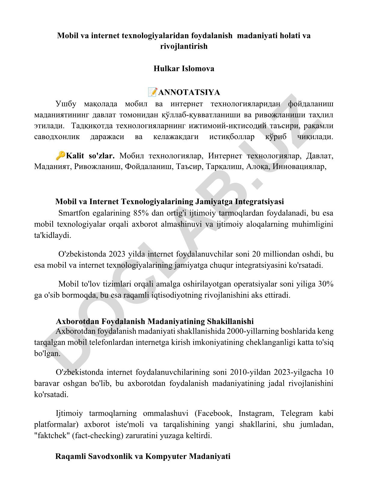 Mobil va internet texnologiyalaridan foydalanish madaniyati holati va rivojlantirish