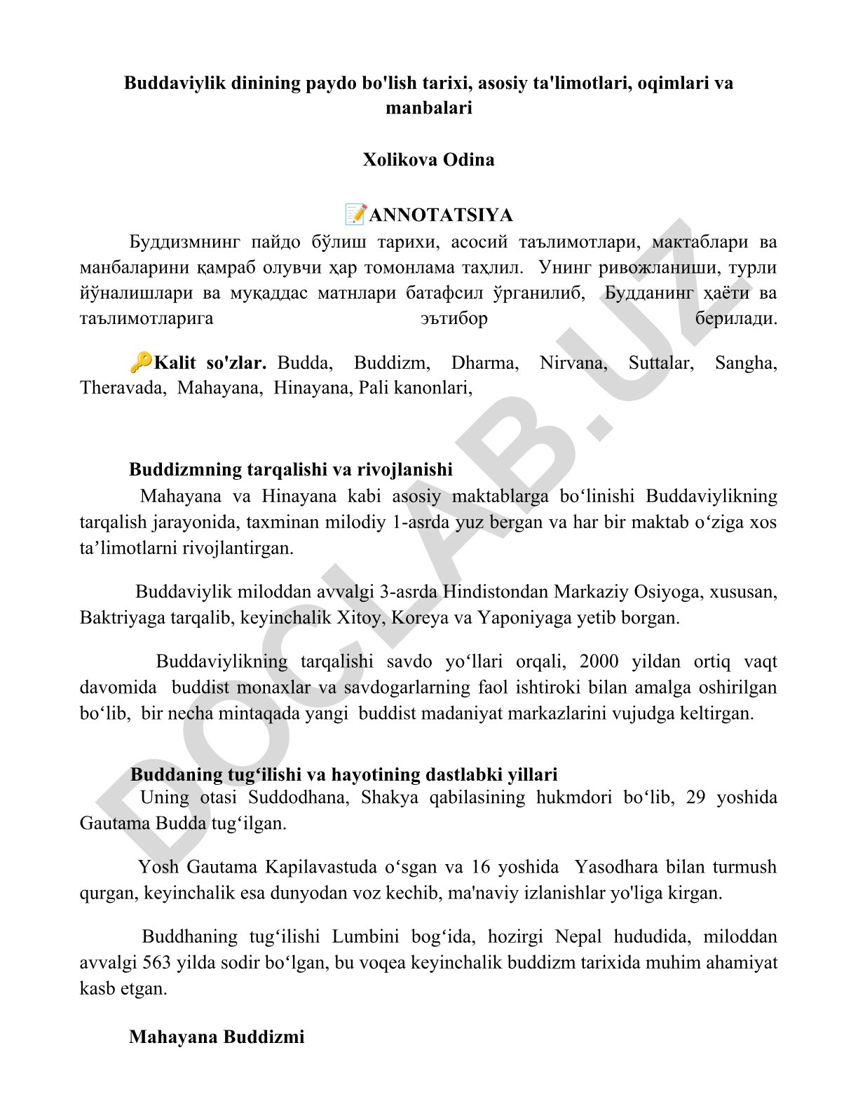 Buddaviylik dinining paydo bo'lish tarixi, asosiy ta'limotlari, oqimlari va manbalari