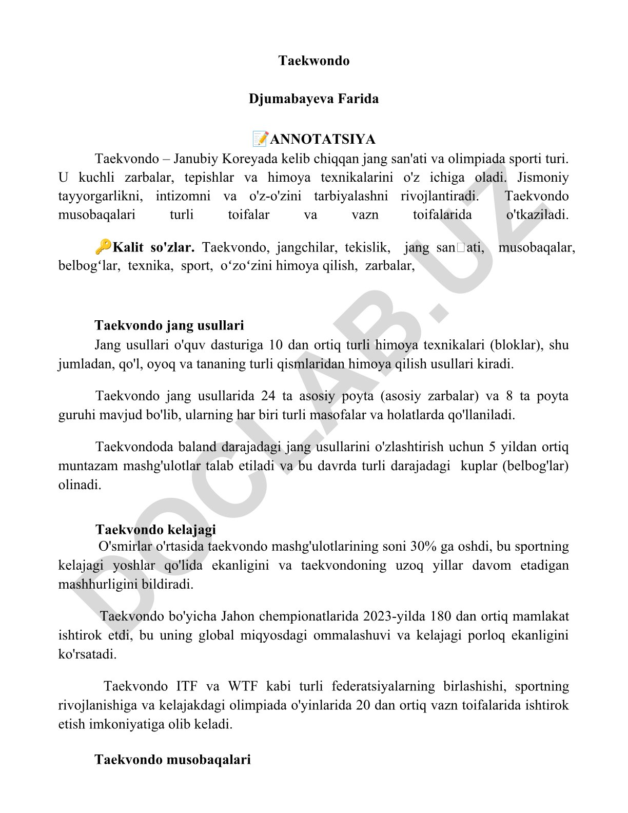 Taekvondo jang san'ati va uning jang usullari