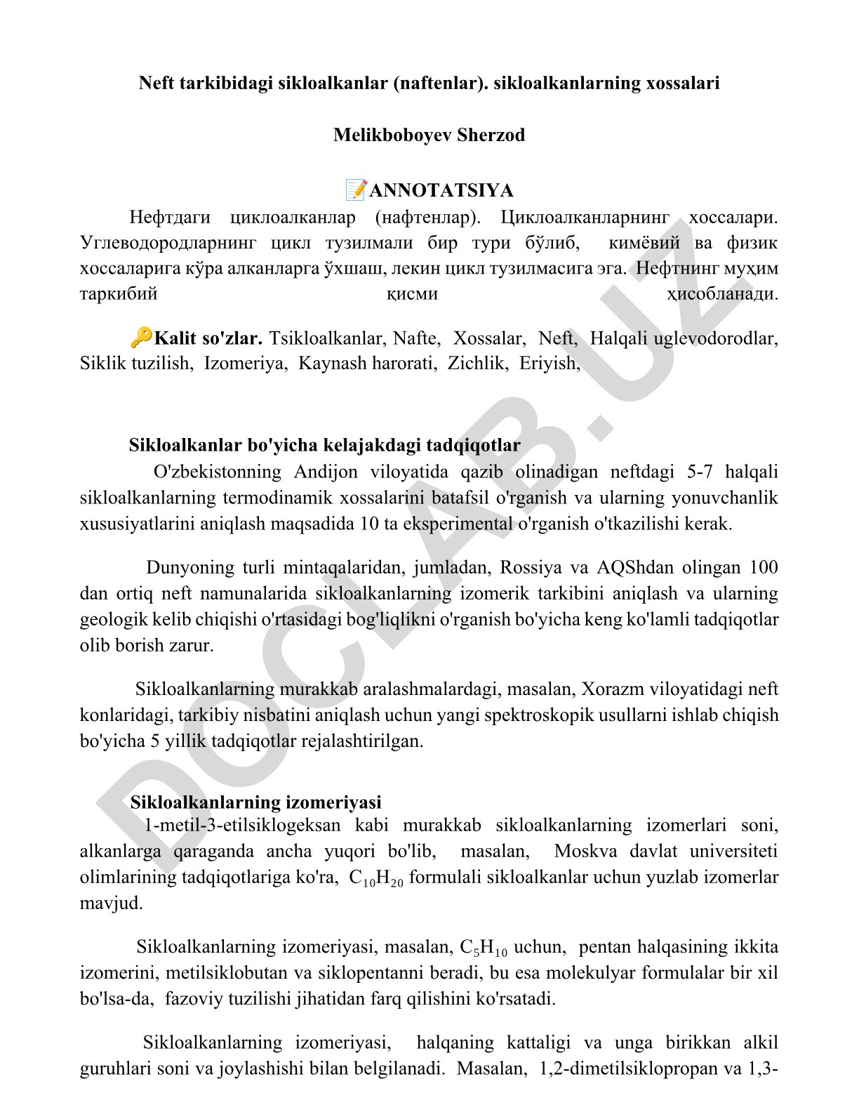 Neft tarkibidagi sikloalkanlar (naftenlar) va ularning xossalari