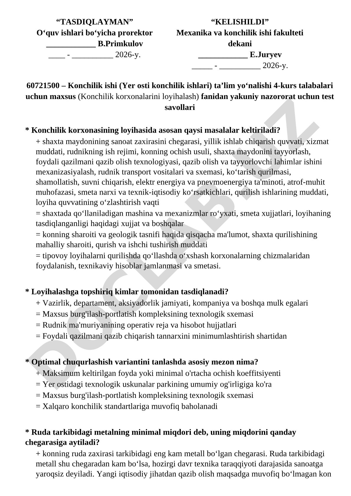 Konchilik korxonasini loyihalash fanidan test savollari