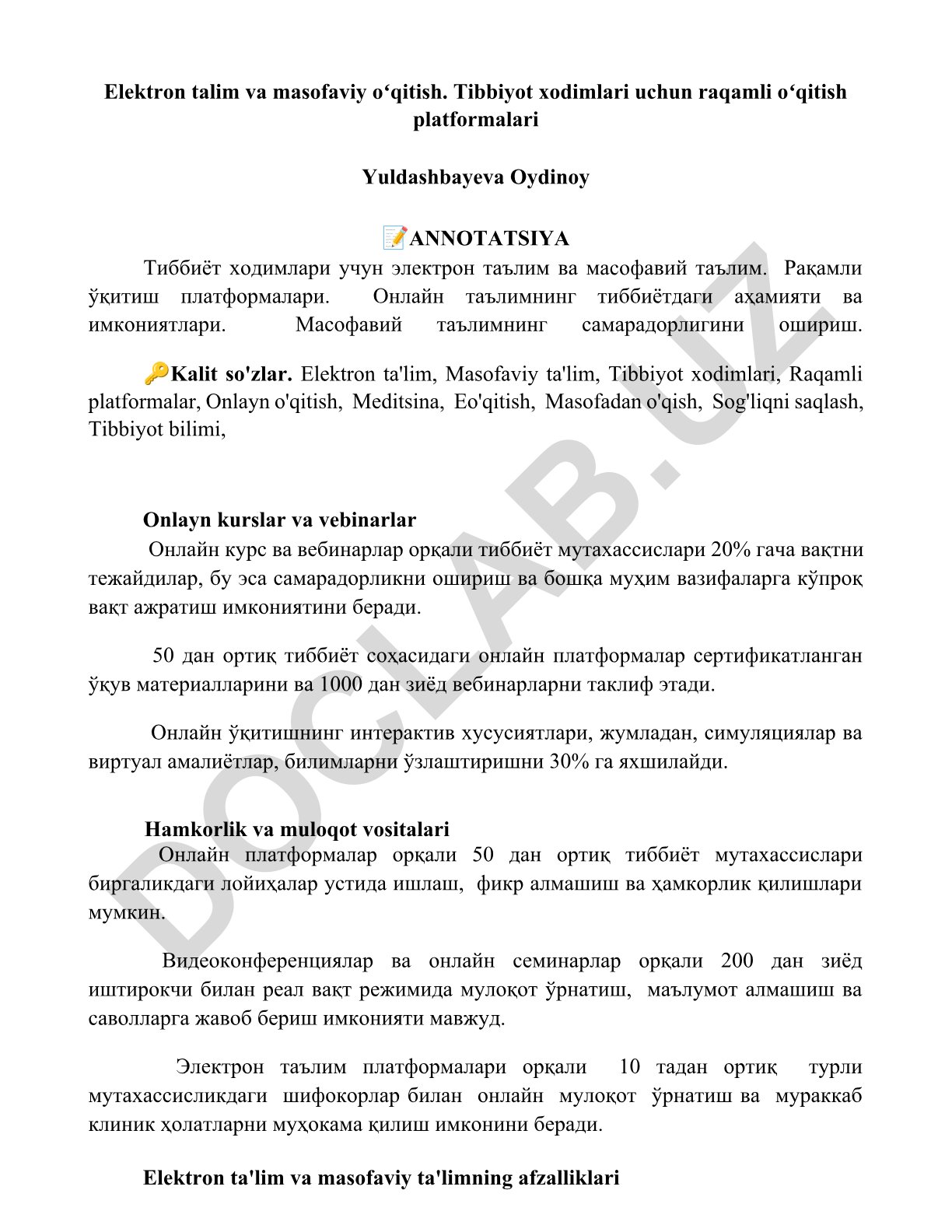 Tibbiyot xodimlari uchun elektron ta'lim va masofaviy o'qitish platformalari