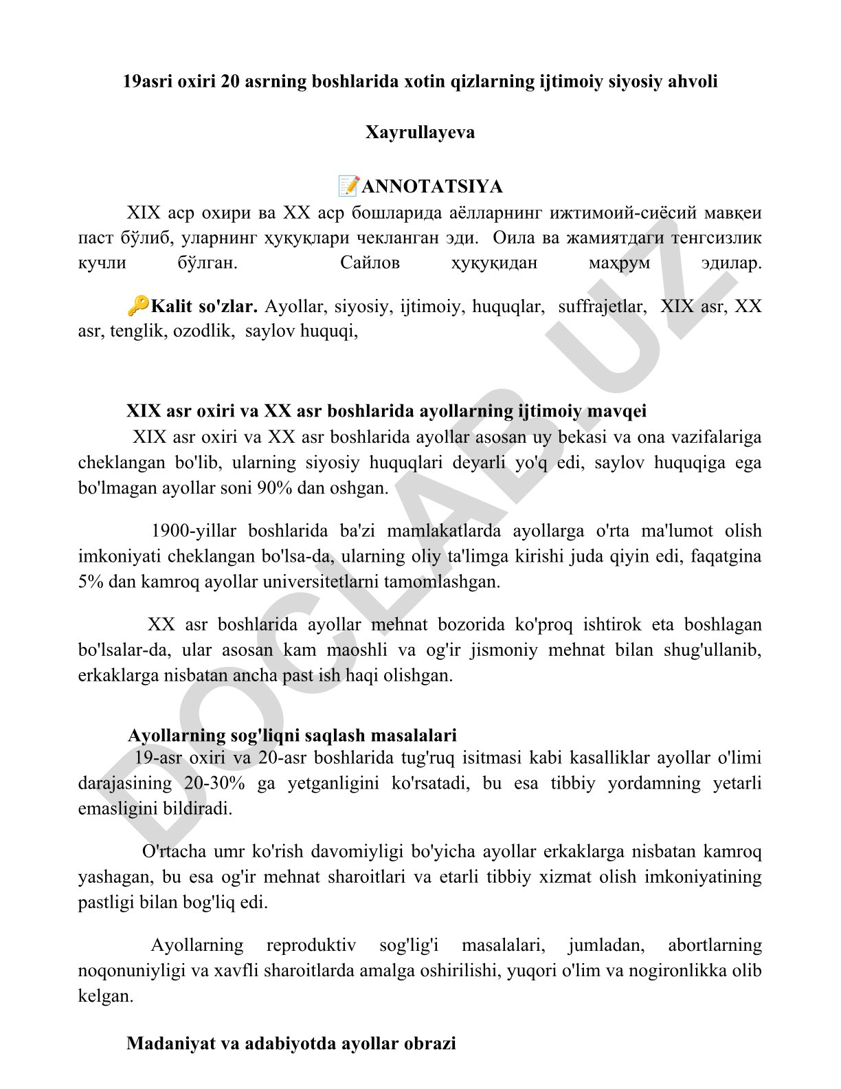 XIX asr oxiri va XX asr boshlarida ayollarning ijtimoiy-siyosiy ahvoli