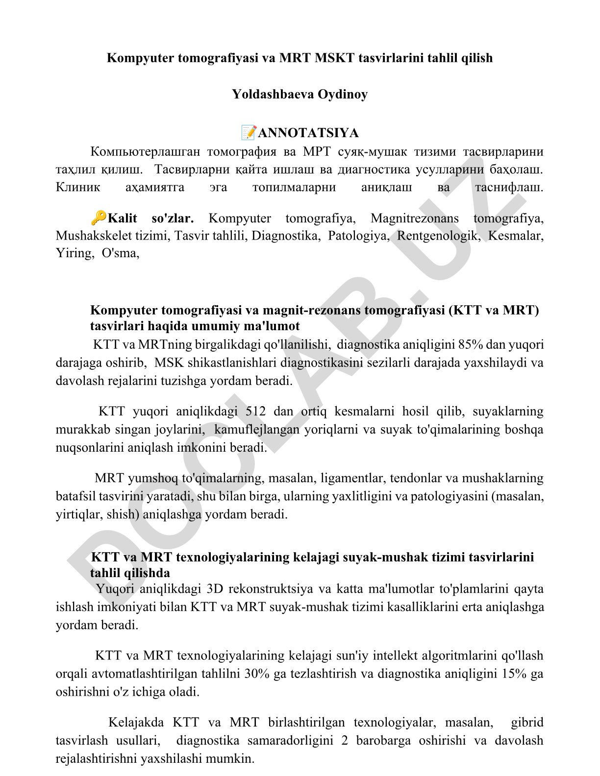 Kompyuter tomografiyasi va MRT MSKT tasvirlarini tahlil qilish