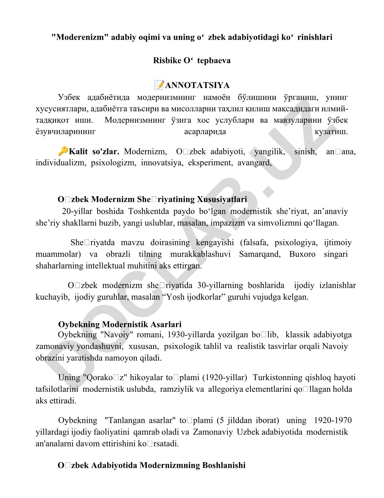 Modernizm adabiy oqimi va uning oʻzbek adabiyotidagi koʻrinishlari