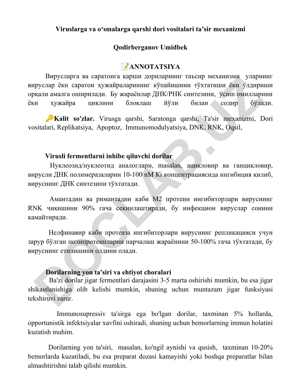 Viruslarga va oʻsmalarga qarshi dori vositalari taʼsir mexanizmi