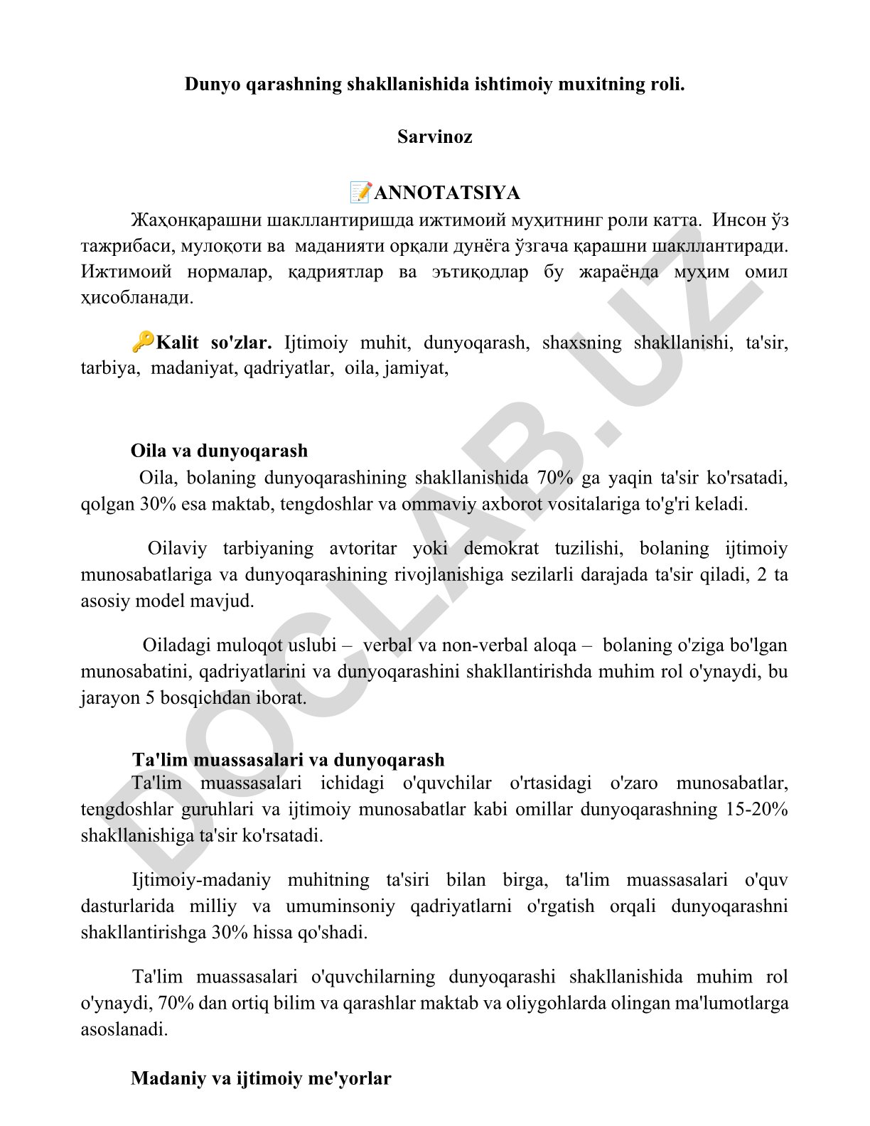Dunyo qarashning shakllanishida ishtimoiy muxitning roli